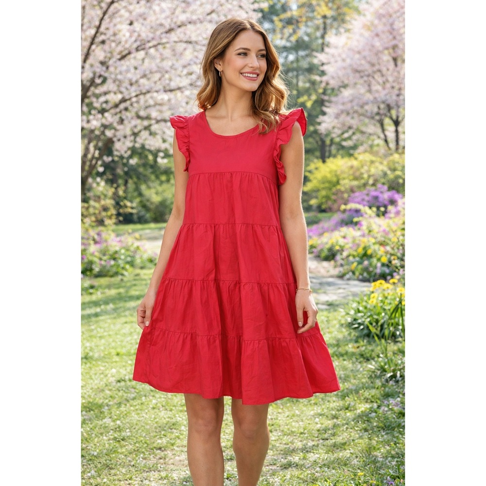Umgee Red Tiered Ruffle Sleeve Babydoll Mini‎ Dress Large 100% Cotton (O731)